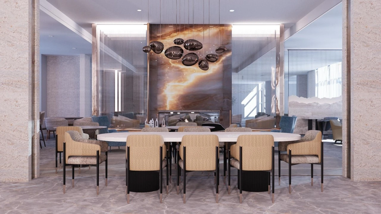 Communal dining space with upholstered chairs, pendant lighting and a veined stone fireplace. Design visualization.